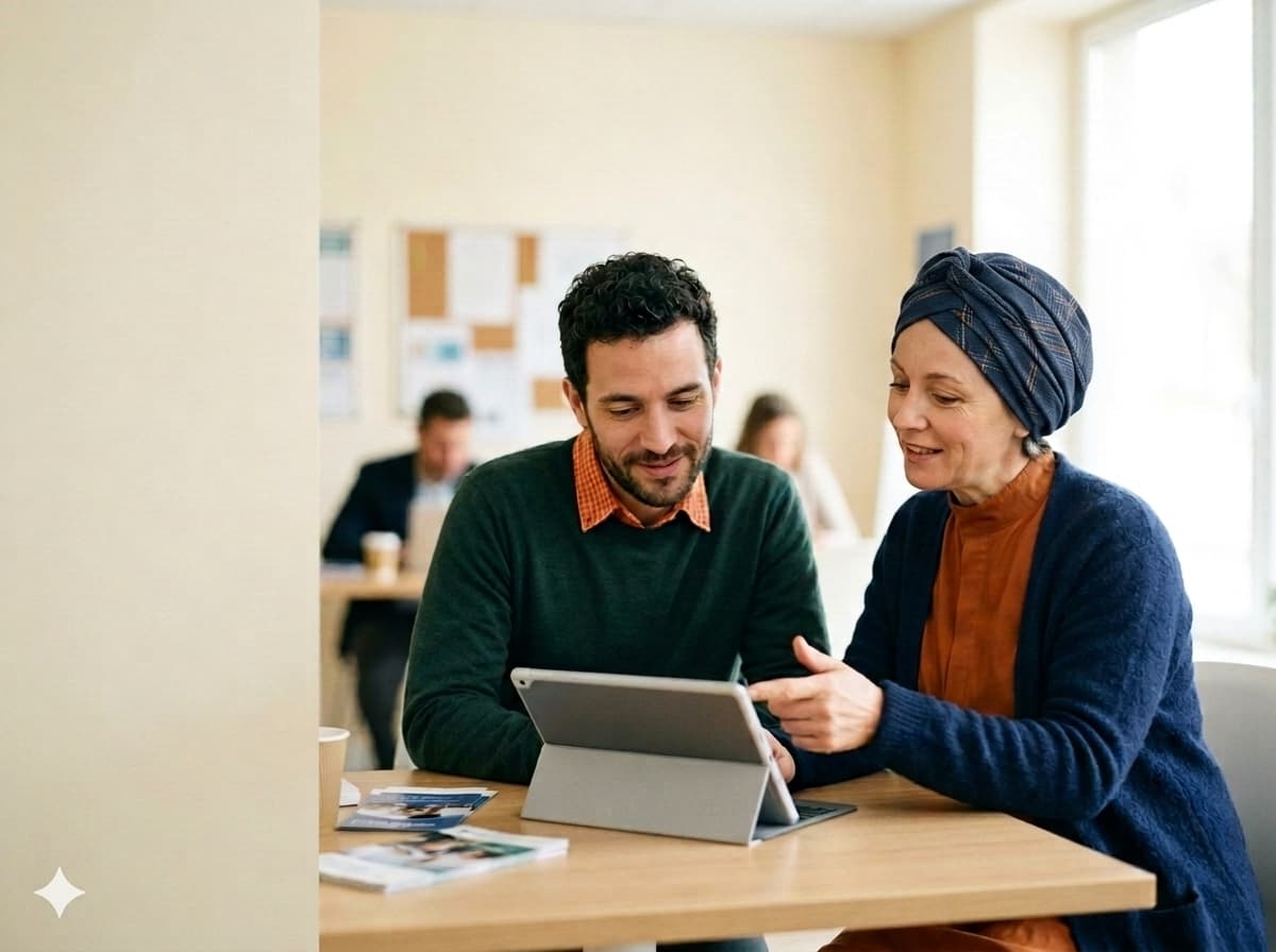 Un conseiller accompagne un candidat dans l’analyse de son CV